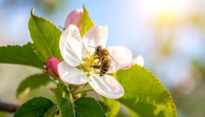 Bee on blooming apple flower