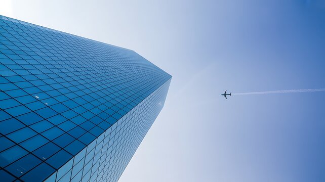 Modern Skyscraper and Airplane in Clear Blue Sky - Powered by Adobe