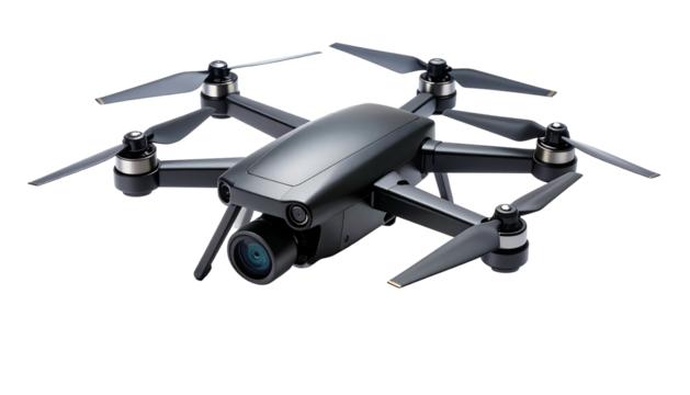 Modern Black Drone with Camera on White Background.