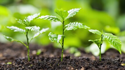 sapling. Young sapling emerging from rich soil, sunlight filtering through leaves in a detailed macro view. gardening catalogs, home-decor guides, designed for gardening and botanical catalogs.