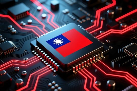 Electronic circuit board. Semiconductor microchip with Taiwan flag. Country leadership in global chip manufacturing and advanced technology innovation. precision engineering, digital industry