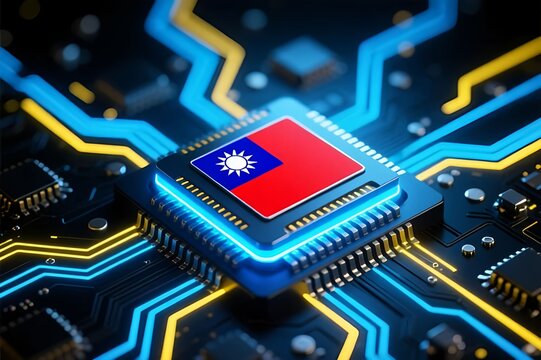 Electronic circuit board. Semiconductor microchip with Taiwan flag. Country leadership in global chip manufacturing and advanced technology innovation. precision engineering, digital industry