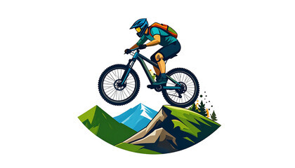 Fototapeta premium Mountain biker jumping over rocks and trees.