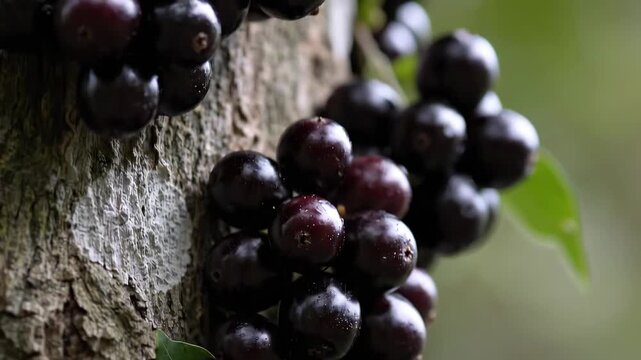 Close up of Jaboticaba Fruit Growing on a Tree Trunk
