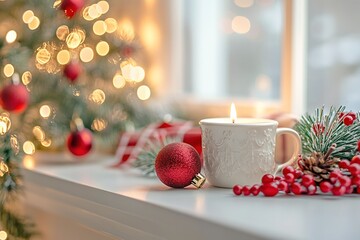 A carefully arranged Christmas scene, with traditional red and green holiday ornaments placed on a clean white desk, creates a warm and inviting atmosphere;