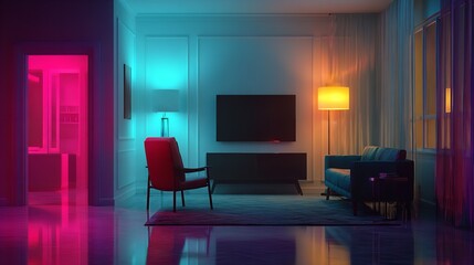 Modern Digital Workspace with Solitary Desk and Neon Lighting