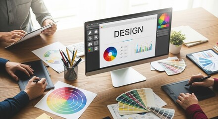 Team of graphic designers working on project in office at wooden table