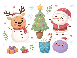 Cute christmas characters including santa claus and a reindeer snowman with gifts and tree