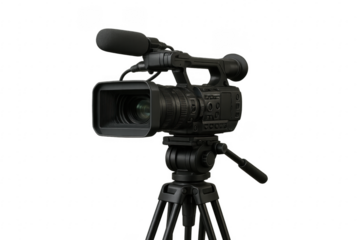 Professional video camera on tripod filming event