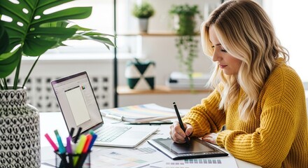 Young woman working at home using graphic tablet and laptop computer