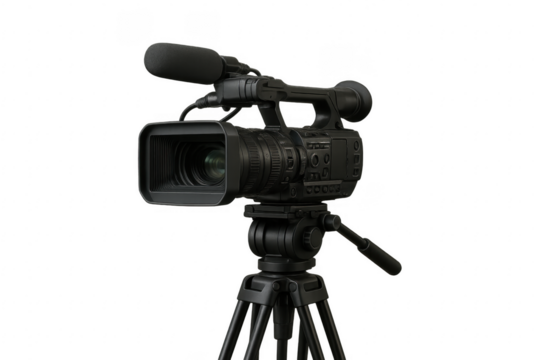 Professional video camera on tripod filming event