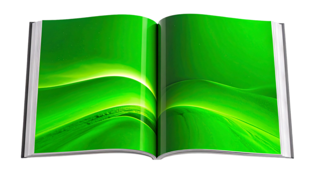 Open Book with Vibrant Green Abstract Design Spread.