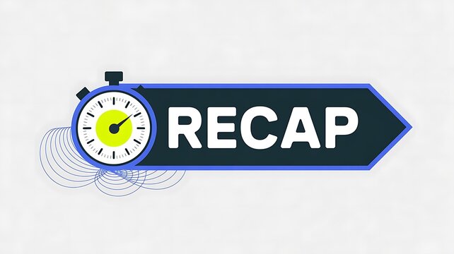 Stopwatch with "RECAP" text on a dark blue arrow