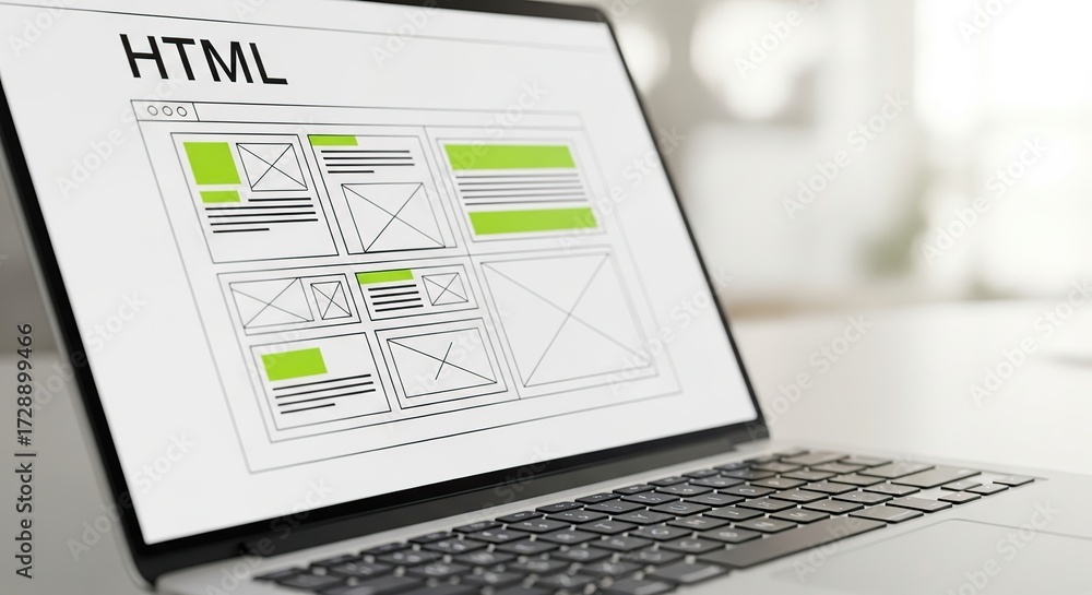 Wall mural laptop screen displaying html code and website layout for web development