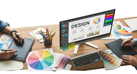Graphic designers working on a project with computer and drawing tablet