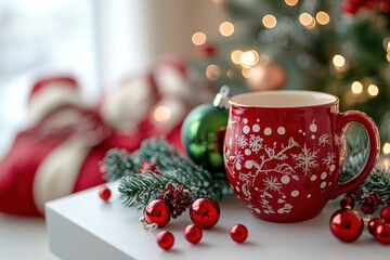 A carefully arranged Christmas scene, with traditional red and green holiday ornaments placed on a clean white desk, creates a warm and inviting atmosphere;