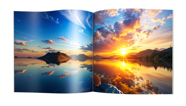 Open Magazine with Stunning Landscape Photography of Sunset and Sunrise over Water.
