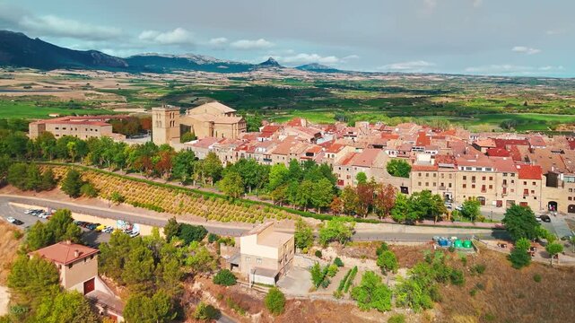 Aerial view of Laguardia medieval fortified hilltop village in northern Spain