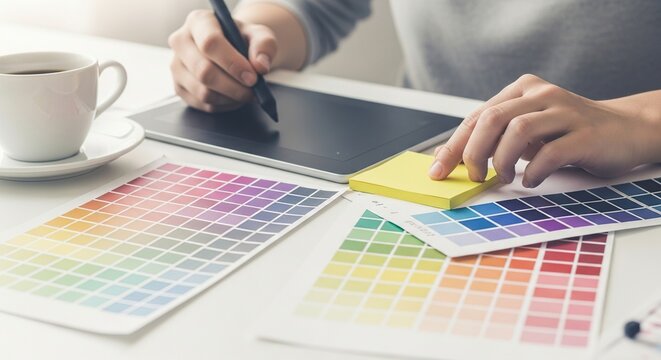 Graphic designer working on a digital tablet with color swatches on desk