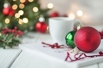 A carefully arranged Christmas scene, with traditional red and green holiday ornaments placed on a clean white desk, creates a warm and inviting atmosphere;