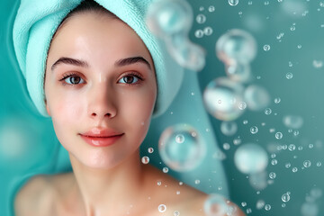 Fresh portrait of a young woman with towel-wrapped hair and glowing skin surrounded by bubbles. A hydrating beauty concept symbolizing purity and rejuvenation.
