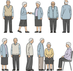 Isolated a Eldery people line cad art of senior men and women standing walking talking sitting in front back and side view. Symbol for architecture and landscape design drawing vector art .