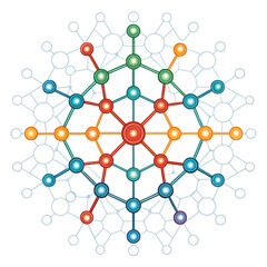 Circular network diagram with multicolored nodes and radial connectivity centered on red core