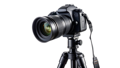 Professional digital camera mounted on a sturdy tripod for photography.