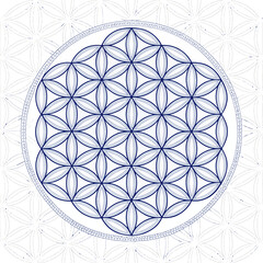 Obraz premium Stylized Flower of Life icon with overlapping circles and hexagonal symmetry enclosed in circular frame