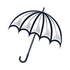 Stylized umbrella icon with curved handle and shaded canopy in black and white