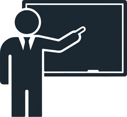 Teacher in a suit points to a blackboard with a chalkboard eraser