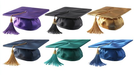 Graduation caps in purple with yellow tassels symbolize achievement and celebration. These caps are often worn during graduation ceremonies, representing