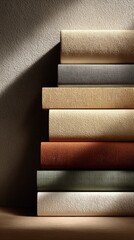 a stack of books with spines in different colors and textures, leaning against a textured wall. the lighting casts gentle shadows on their edges