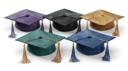 Graduation caps in purple with yellow tassels symbolize achievement and celebration. These caps are often worn during graduation ceremonies, representing