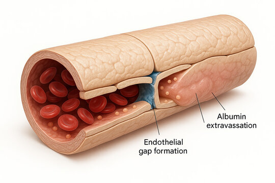 Cross-section of a blood vessel showing endothelial gap formation and albumin extravasation