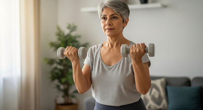 Active senior woman with gray hair lifting dumbbells at home. Focused older lady doing strength training for a healthy lifestyle