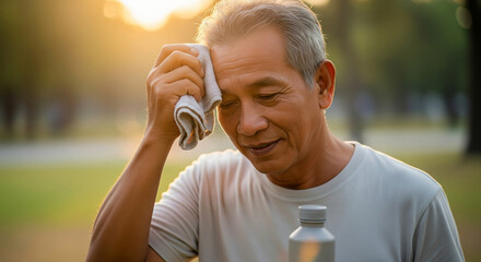 Portrait of a tired but satisfied senior athlete wiping sweat after an outdoor exercise session at sunset for healthy aging