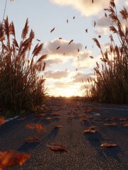 A deserted asphalt road, carpeted with fallen autumn leaves, leads toward a vibrant sunset through tall grasses.