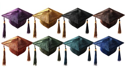 Graduation caps in purple with yellow tassels symbolize achievement and celebration. These caps are often worn during graduation ceremonies, representing