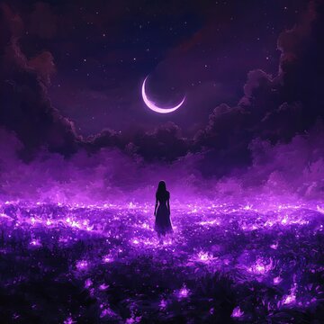 a dreamy surreal night scene, a lone woman standing in a field full of glowing purple fire under a crescent moon, starry sky