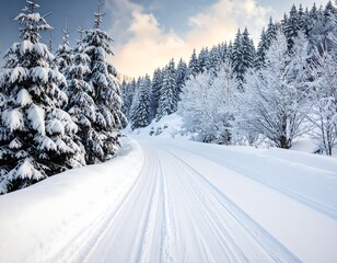 Snowy winter road through trees
