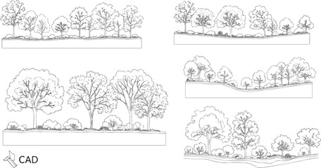 Isolated a kinds of deferent Architectural Drawings, Minimal style cad tree line drawing, Side view, set of section wetland forest outline for landscape design drawingseperate element vector art .