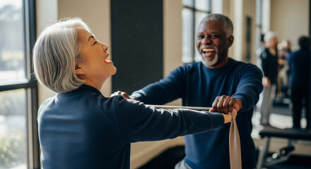 Happy senior multicultural couple laughing together while doing a partner workout with a resistance band in a modern, sunlit gym