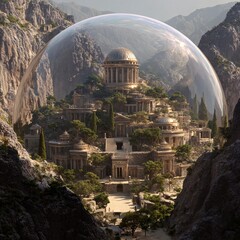 Obraz premium a greek underground city made of metal in a big glass dome 