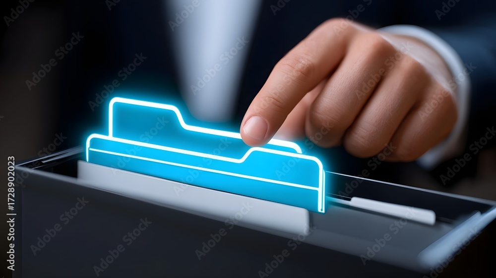 Poster hand reaching for a glowing digital file folder on a desk, representing the organization and managem