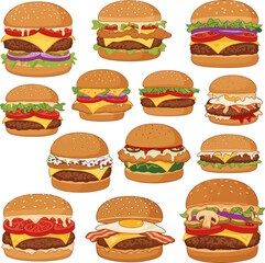 Isolated a kinds of deferent Burger vector art with white background.