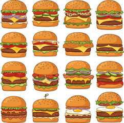 Isolated a kinds of deferent Burger vector art with white background.