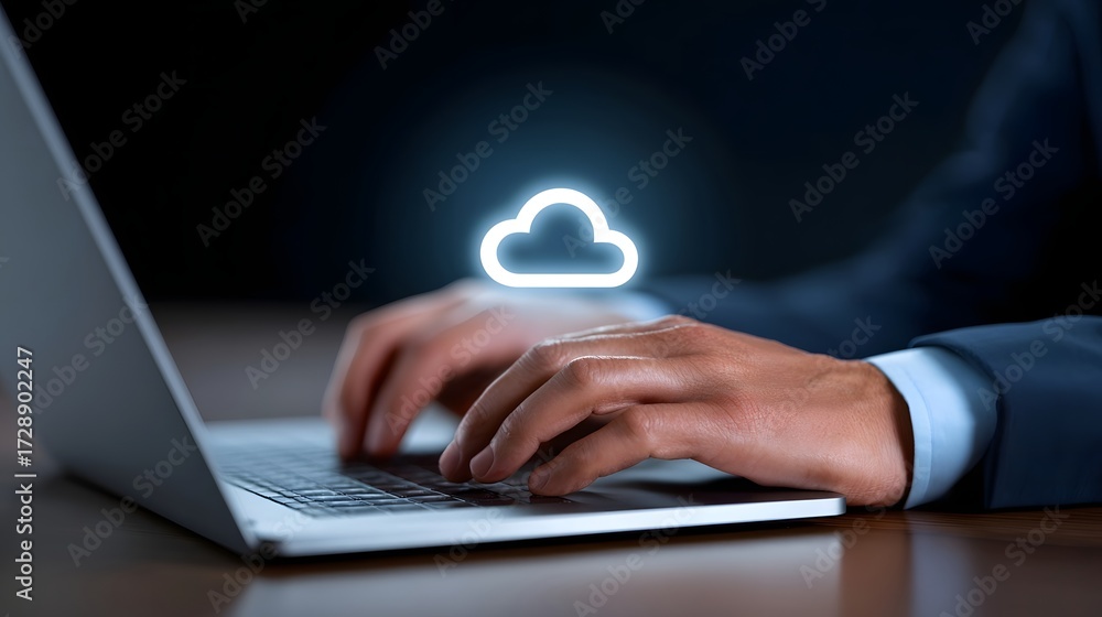 Poster a person's hands working on a laptop computer with a glowing cloud icon symbolizing cloud computing 
