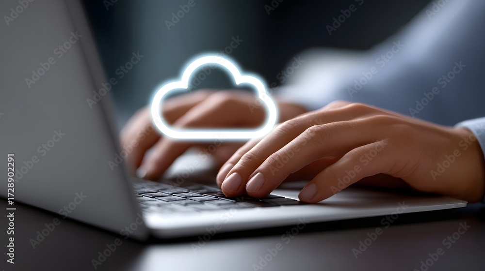 Poster close-up view of a person's hands working on a laptop computer in a modern, technology-focused works