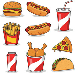  Isolated a kinds of deferent Fast food item vector art with white background.
